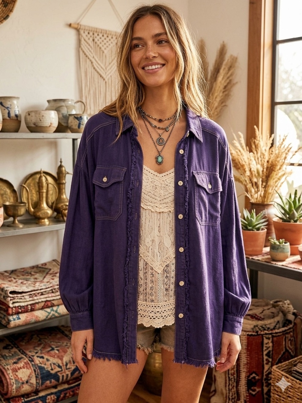 Umgee Linen/Rayon Dark Mineral Wash Oversized Fringe Wester Style Shacket